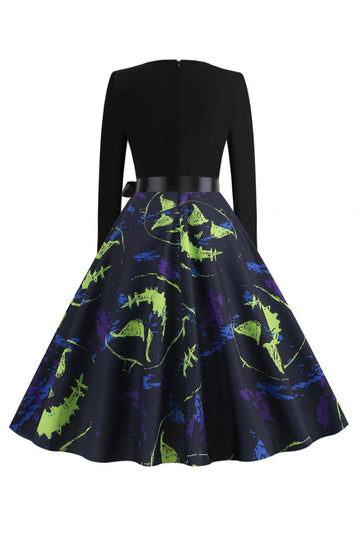 V-Ringning Svart Halloween Tryckt Vintage Klänning